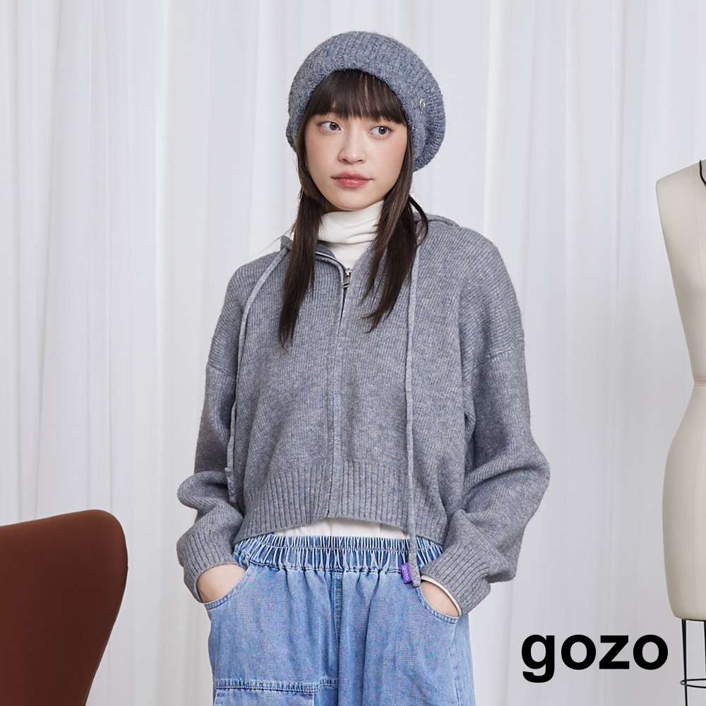 【gozo】◢織標拉鍊連帽針織外套(灰色/米色_F) | 女裝 修身 休閒