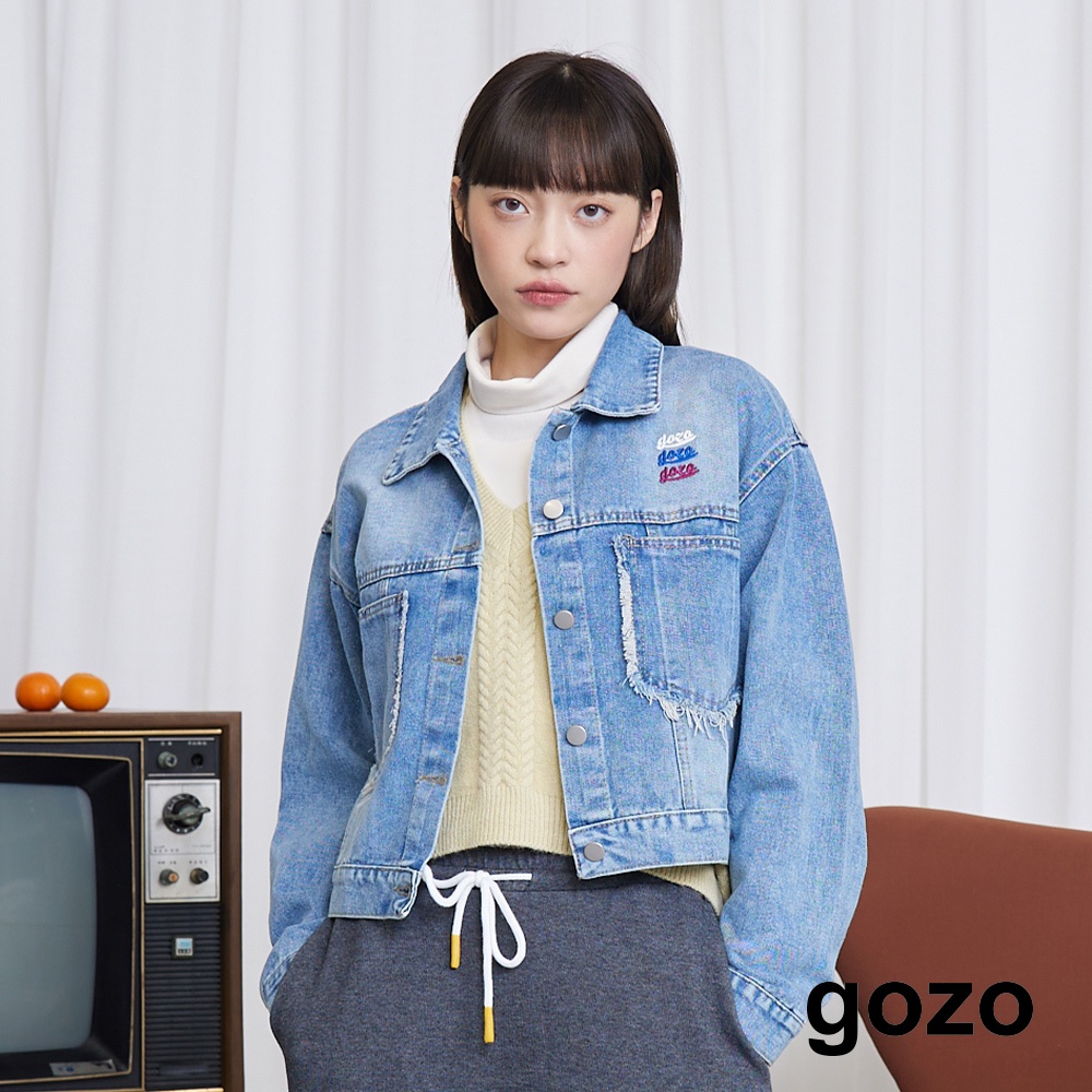 【gozo】◢gozo三次方抽鬚短版牛仔外套(淺藍_F) | 女裝 修身 休閒