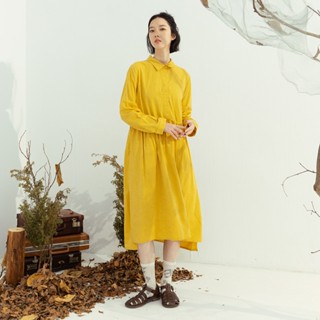 【MOSS CLUB】 提花布半開襟長袖洋裝 藍 黃 (魅力商品)
