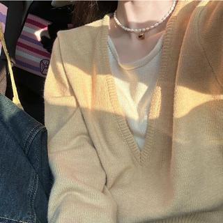 衣時尚 上衣 針織衫 毛線衣新款黃色拼接假兩件撞色v領套頭毛衣女羊毛內搭打底衫外穿針織衫G661-6926.