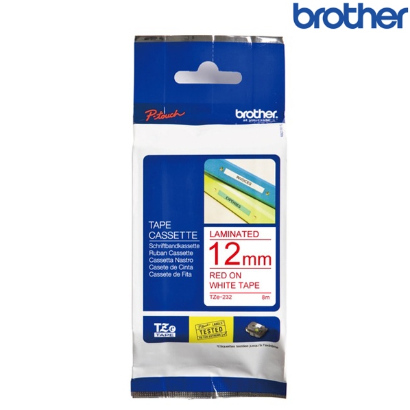 Brother兄弟 TZe-232 白底紅字 標籤帶 標準黏性護貝系列 (寬度12mm) 標籤貼紙 色帶
