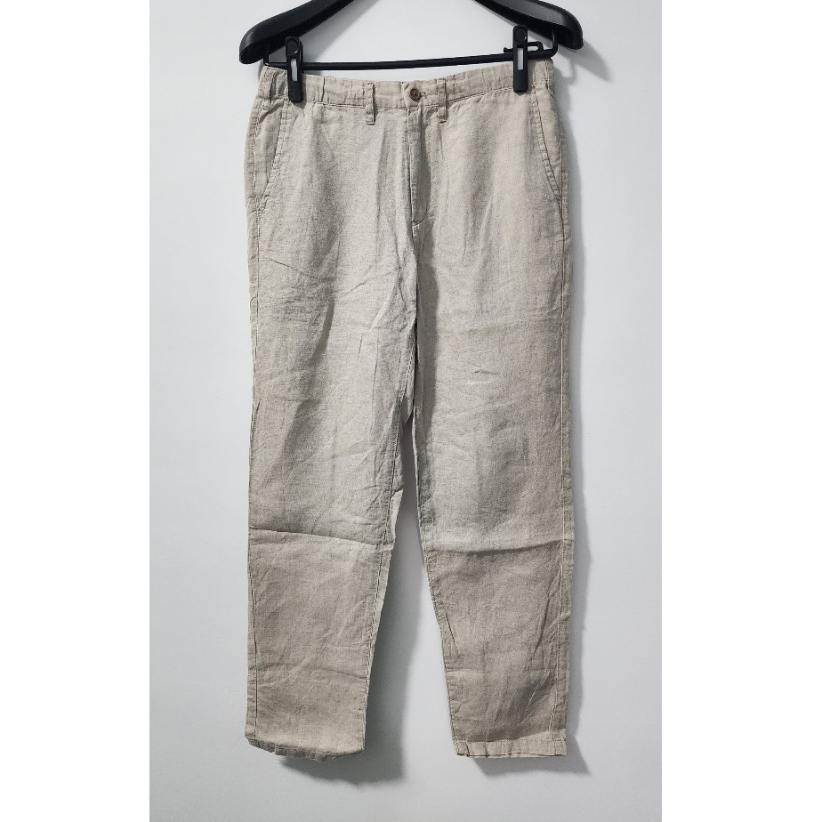 無印良品 MUJI 米色 透氣 涼爽 法國 亞麻 上寬下窄 修身 休閒 長褲 柬埔寨製