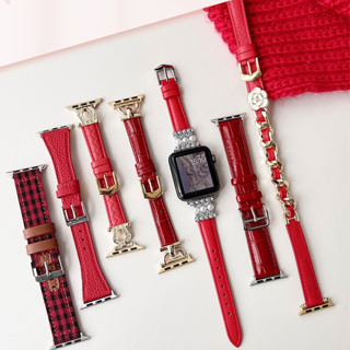 Apple watch s9 錶帶喜慶中國紅iwatch山茶花錶帶 格子高級感新年婚禮本命年42mm 45mm 49mm