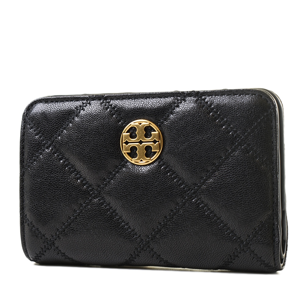 TORY BURCH Willa 菱格紋皮革釦式中夾-黑色【美國正品 現貨】