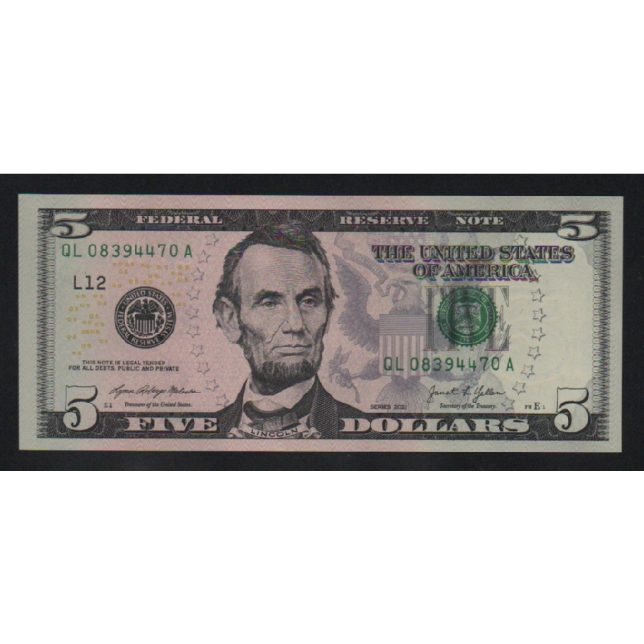 【低價外鈔】美國2021年 5Dollars 美金 紙鈔一枚 (彩色版本) 林肯圖案 最新年份~