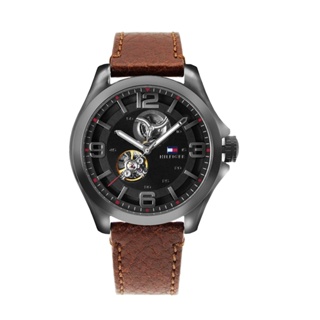 Tommy Hilfiger l Bruce系列 黑殼 黑面 鏤空造型機械腕錶 深咖啡色皮革錶帶 手錶 男錶