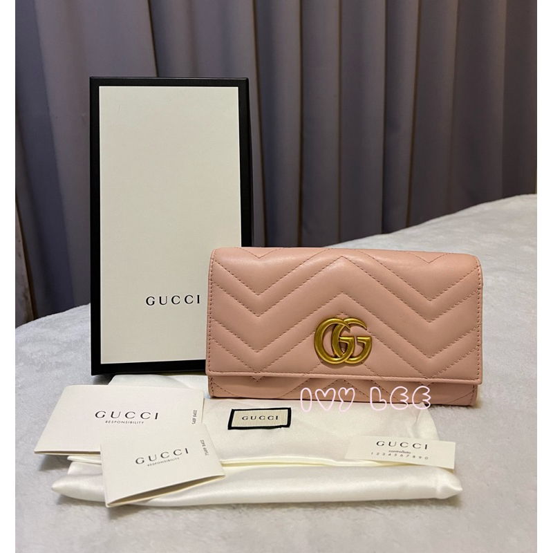 GUCCI 古馳 443436 GG Marmont絎縫紋牛皮金屬雙G LOGO長夾 粉色  二手精品