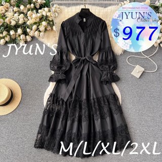 JYUN'S 秋季新款宮廷風連衣裙女秋裝重工壓褶修身長款設計感鏤空蕾絲泡泡袖長裙子長袖洋裝大尺碼1色2XL現貨