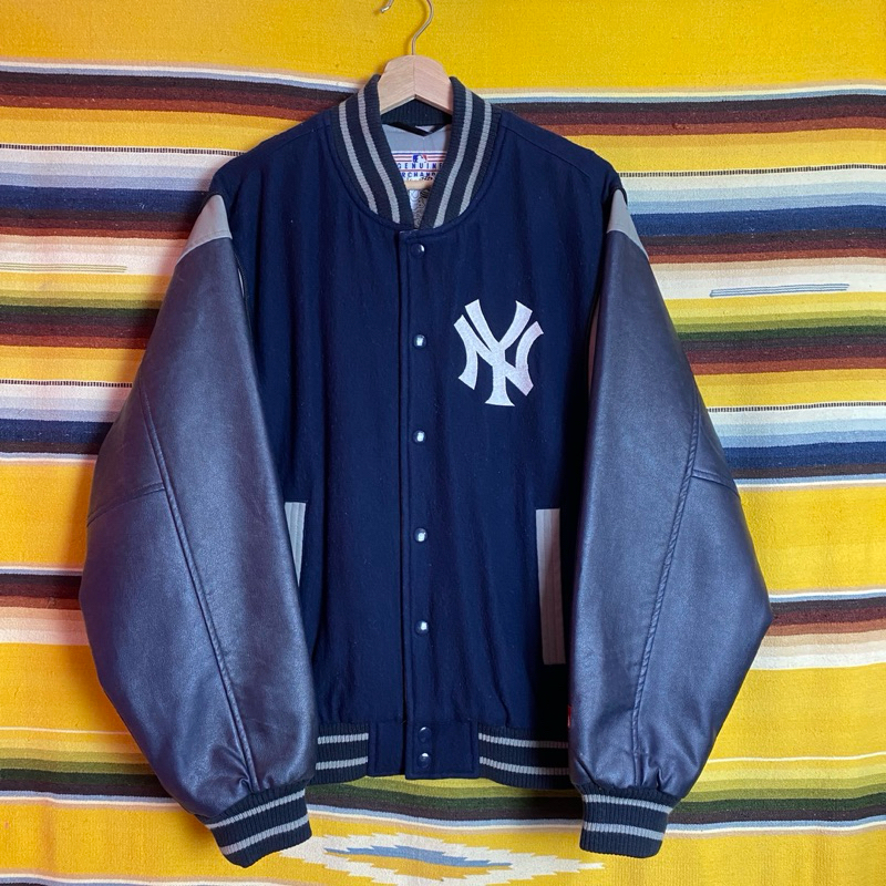 古著•Nuzi_s •New York Yankees紐約洋基隊異材質拼接皮袖棒球外套 J3051503 皮外套球隊外套
