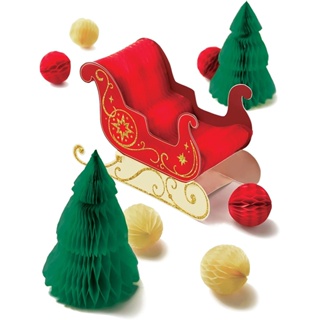 派對城 現貨 【立體擺飾組9入-聖誕樹雪橇】 歐美派對 聖誕節 聖誕佈置 造型蜂巢球 桌上擺飾 派對佈置 拍攝道具