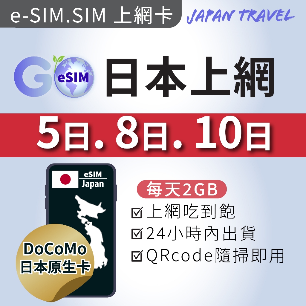 日本旅遊 日本上網卡 eSIM卡 日本5日 8日 10日 每日2GB docomo原生卡 上網吃到飽 高速上網