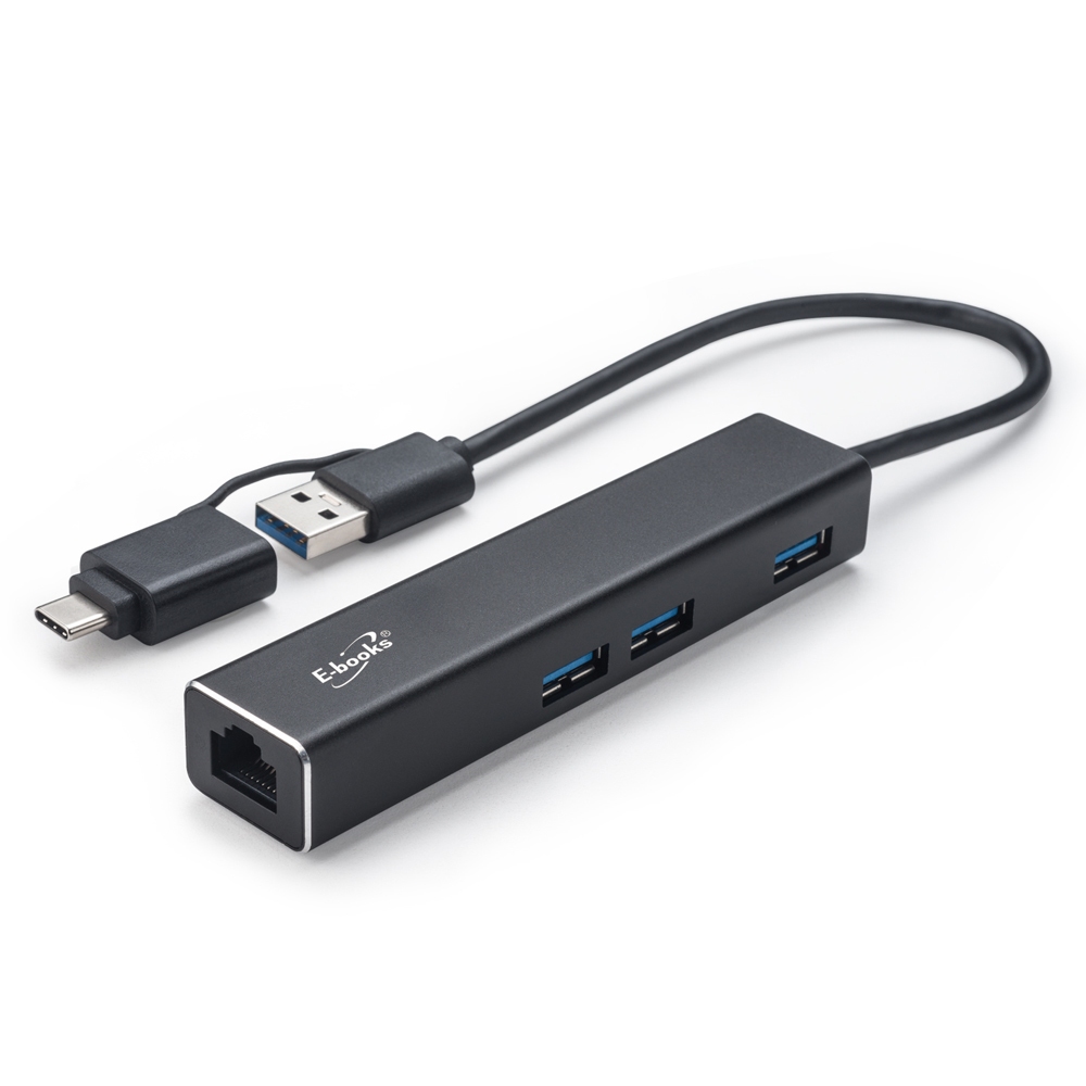 E-books H20 鋁製RJ45高速網卡+3孔USB3.2集線器+Type C雙接頭