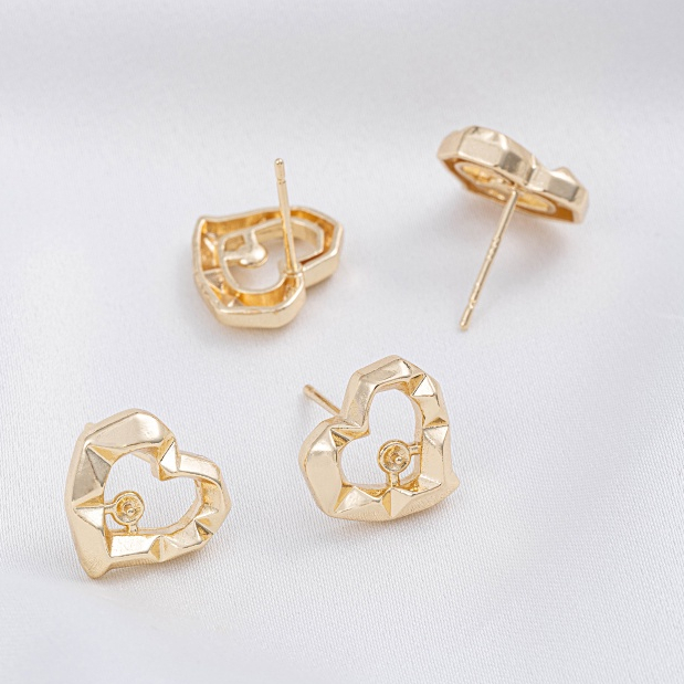 宏雲Hongyun-Ala-- 保色14K包金鑽石面心形框珠托耳釘925銀針手工粘珍珠耳環飾品配件