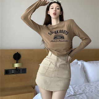 韓版辣妹長袖 復古印花抽繩短版上衣
