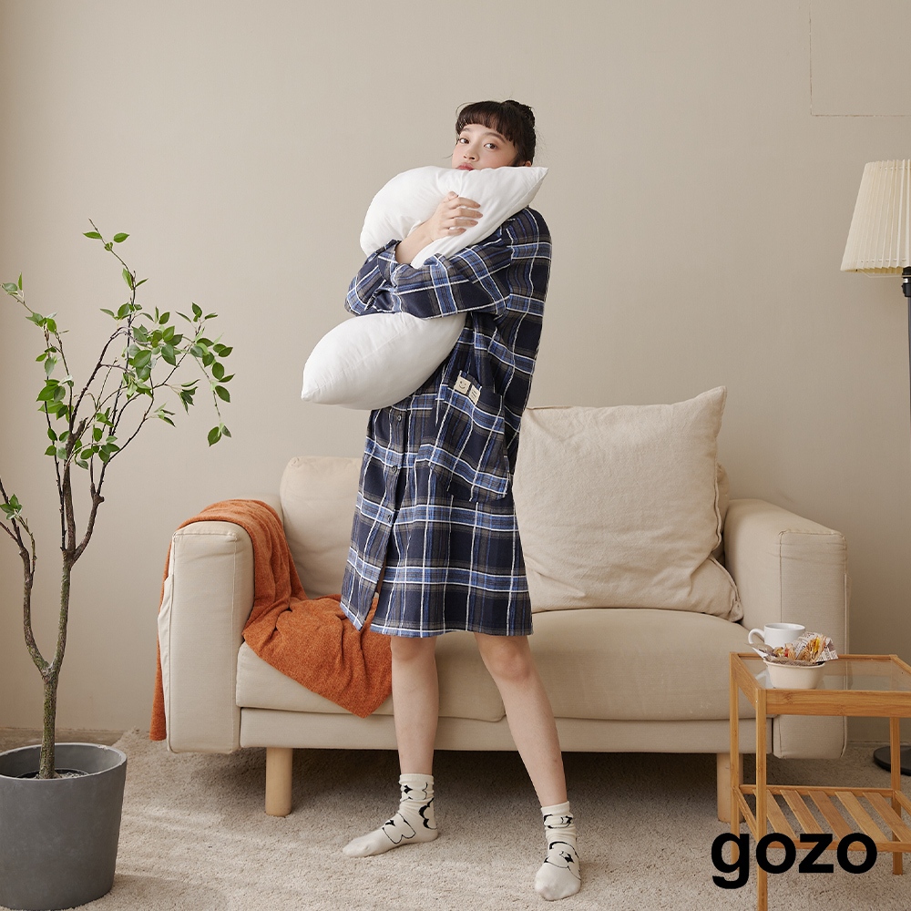 【gozo】◢Lazy day懶在家格紋襯衫洋裝睡衣附髮圈(深藍/綠色_F) | 女裝 修身 休閒