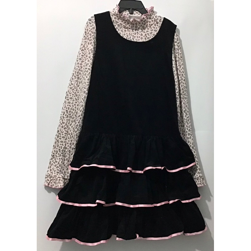 女童燈芯絨背心蛋糕裙搭配木耳邊豹紋上衣 兩件式 此套是樣品衣 適合10歲