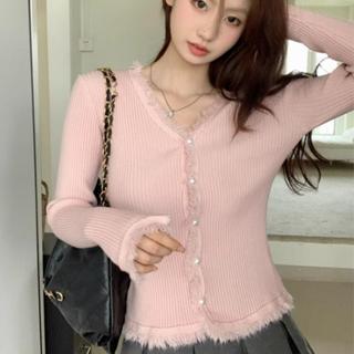 衣時尚外套 針織衫 上衣 毛線衣 新款韓系溫柔風V領流蘇粉色針織開衫修身顯瘦個性上衣MB131-AC39.