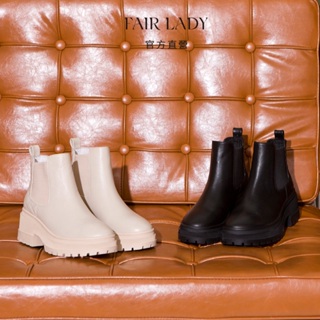 FAIR LADY 軟實力 皮革拼接增高鋸齒切爾西短靴 米白色 黑色 (7B2606) 女靴 短靴 切爾西靴