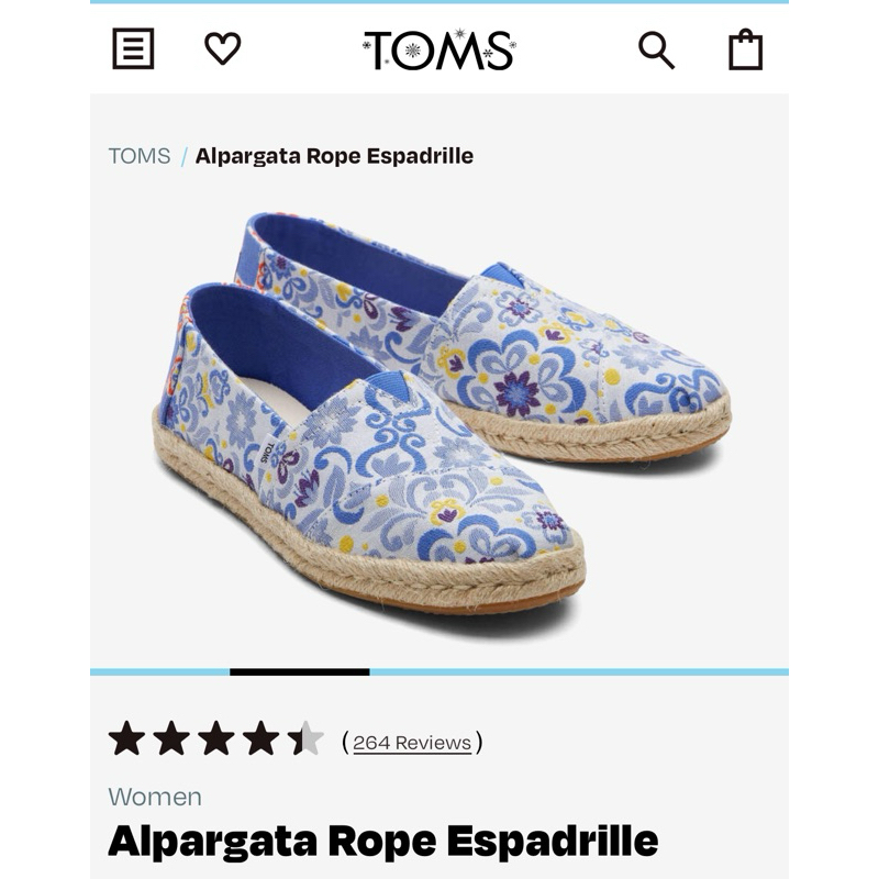 TOMS葡萄牙花磚風草編鞋-Alpargata Rope Espadrille(全新)