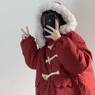 FUXI 棉服外套女 韓版加絨加厚保暖外套 連帽外套 面包服 可愛紅色新年外套 鋪棉外套 秋冬外套 女生外套