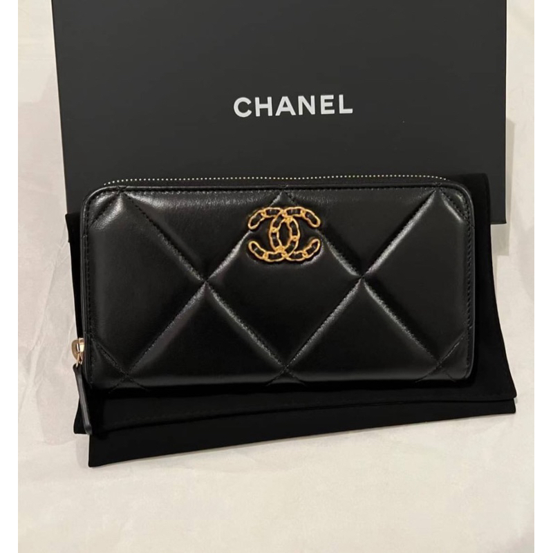 Chanel 19拉鍊長夾 黑色金Logo 皮夾