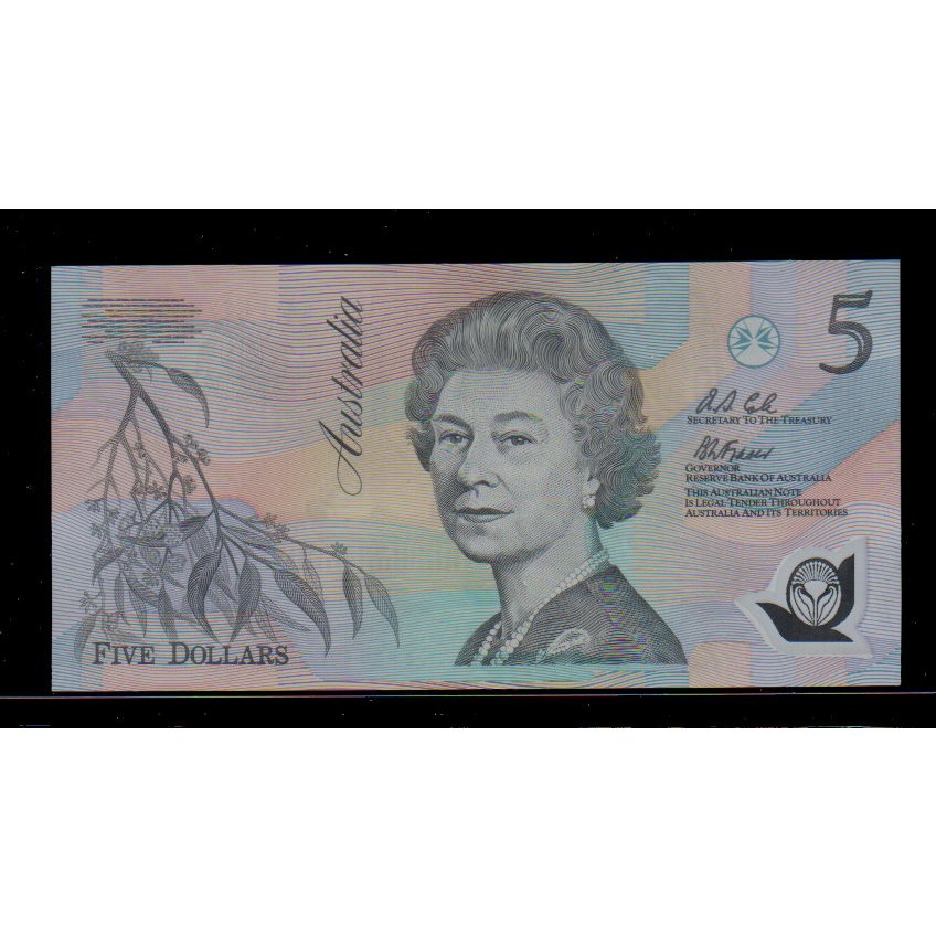 【低價外鈔】澳大利亞 1992年 初版 5Dollars 澳幣 塑膠鈔一枚，女王伊莉莎白二世，絕版少見~98新