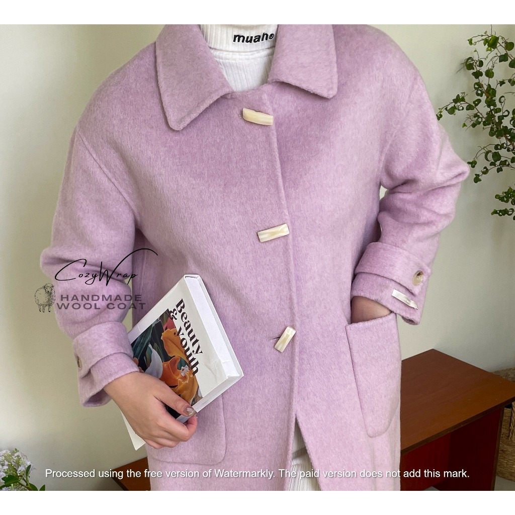 (1)CozyWrap | 現貨粉紫色翻領牛角釦長款正韓手工雙面羊毛大衣100%羊毛