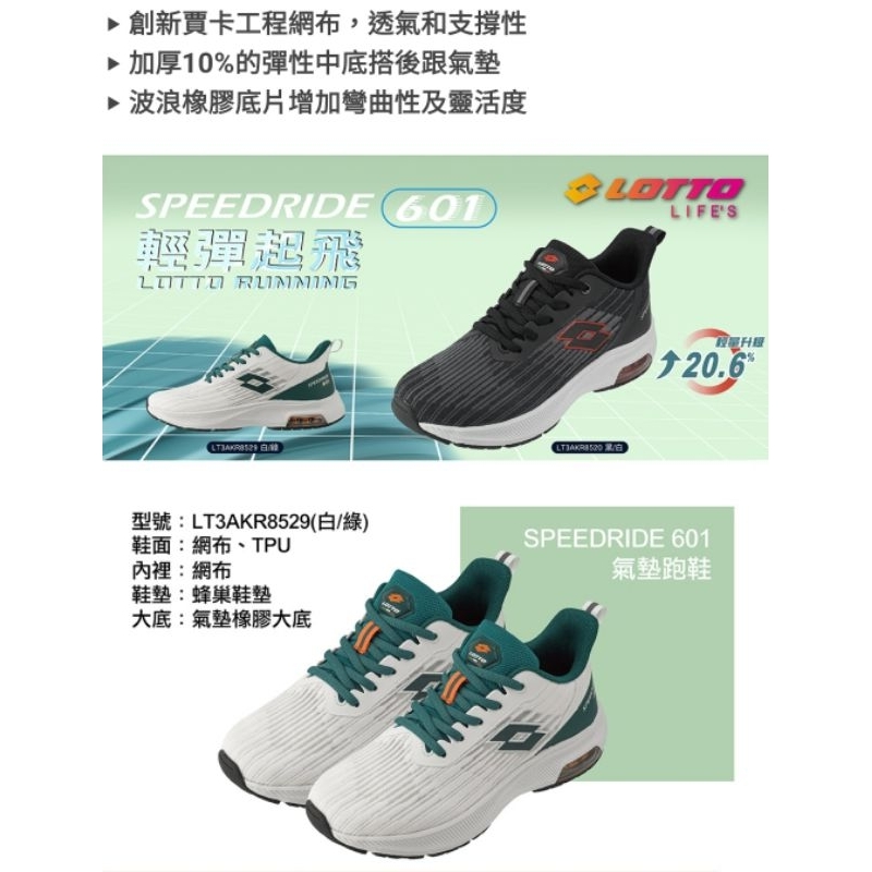 LOTTO 童鞋 SPEEDRIDE 601 輕量透氣 回彈緩衝 安全反光避震氣墊跑鞋(白綠LT3AKR8529 黑20