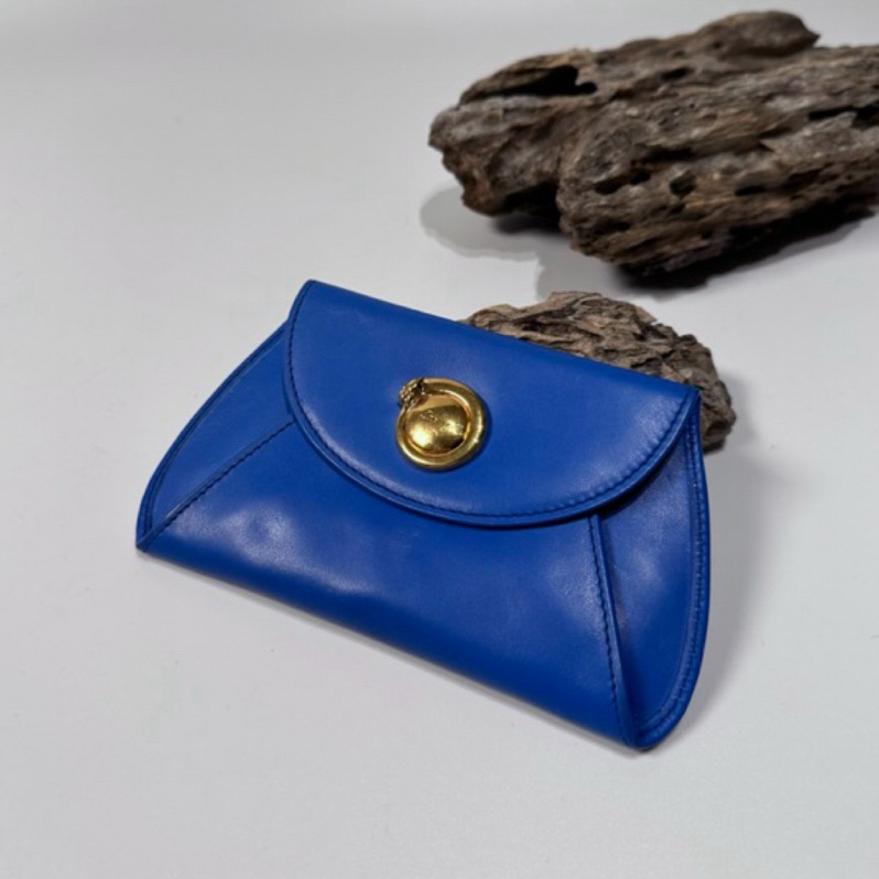 Cartier vintage 日本二手 中古復古古董 經典美洲豹 寶藍 皮革零錢包 卡包 化妝包