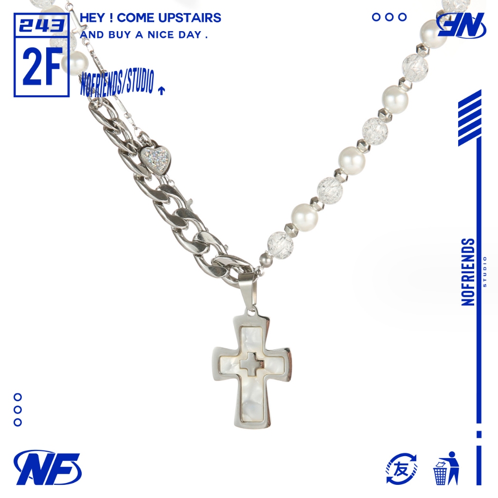 [NoFriends] 珍珠拼接白十字架鈦鋼項鍊 雙層項鍊 不鏽鋼項鍊 穿搭項鍊