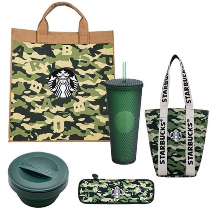 星巴克Starbucks風格迷彩組系列-餐具組、餐食盒、大禮袋提袋、冷水杯