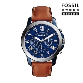 【FOSSIL 官方旗艦館】Grant 帥氣風尚淺褐色藍色計時男錶 棕色真皮皮革錶帶 44MM FS5151