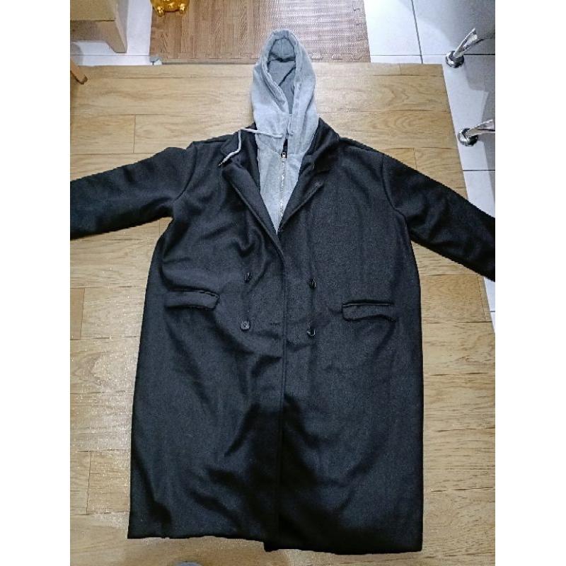 轉賣全新假兩件長版黑雙排扣大衣（長103cm/寬70cm)