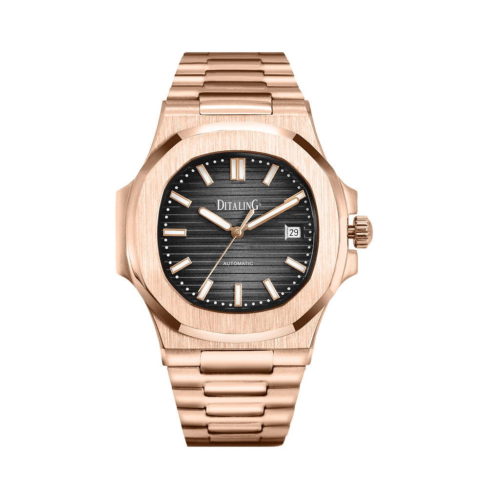 德國DITALING | 玫瑰金框 黑面橫條 八角造型 自動上鍊機械腕錶 不鏽鋼錶帶 男錶