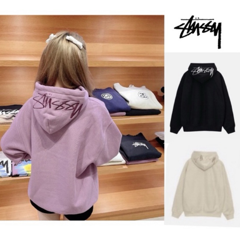 日本代購22 STUSSY Logo hoodie 刺繡連帽長袖T恤 粉紫色 寬鬆 男女款 帽子 字母