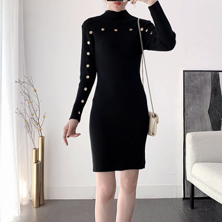 雅麗安娜 連身裙 洋裝 收腰洋裝M-XL韓版時尚鈕扣針織裙長袖毛衣打底包臀連身裙MD013-3041.