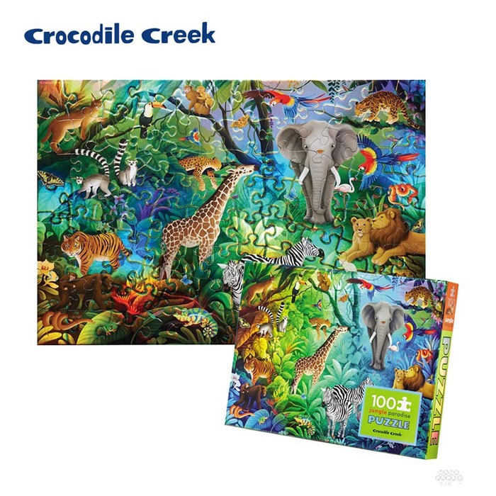 《美國Crocodile Creek》幻彩雷射拼圖-叢林動物-100片