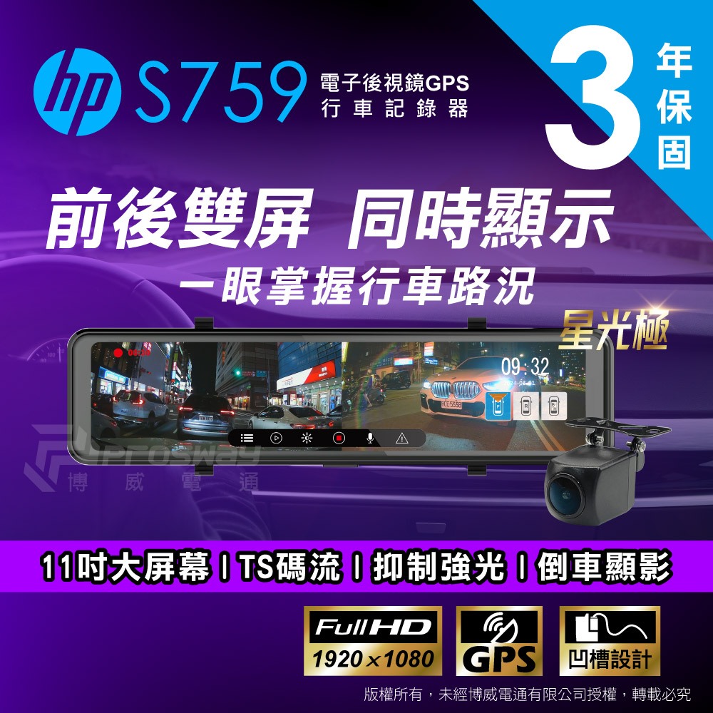 HP 惠普 S759 後視鏡型 汽車行車記錄器(贈32G記憶卡)