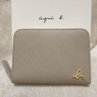 全新 agnes b 奶茶色 白色 米色 4卡 草寫b 拉鍊 拉鏈 牛皮 零錢包 撞色 雙色 卡夾 保證真品 正品 防刮