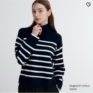 二手 女裝 Small Uniqlo 舒膚條紋中高領針織衫 黑色條紋高領毛衣 條紋毛衣 黑白條紋上衣