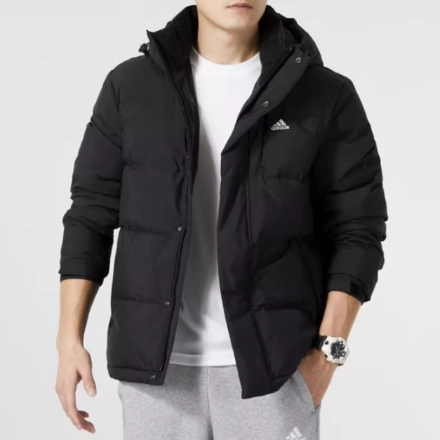 Adidas 男款羽絨服上衣黑色 連帽羽絨外套 保暖系列防風面料