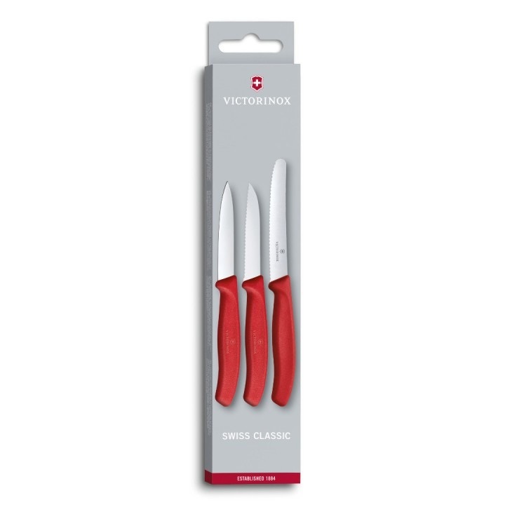 瑞士 維氏VICTORINOX 蔬果刀組(3件裝 番茄刀+尖平刀+鋸齒水果刀)紅色6.7111.3和黑色6.7113.3