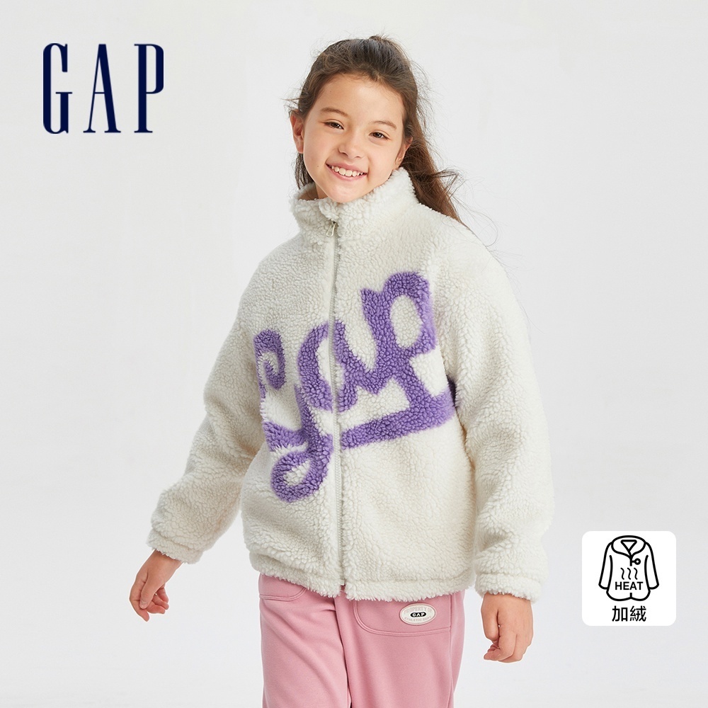 Gap 女童裝 Logo仿羊羔絨立領長袖外套-白色(789376)