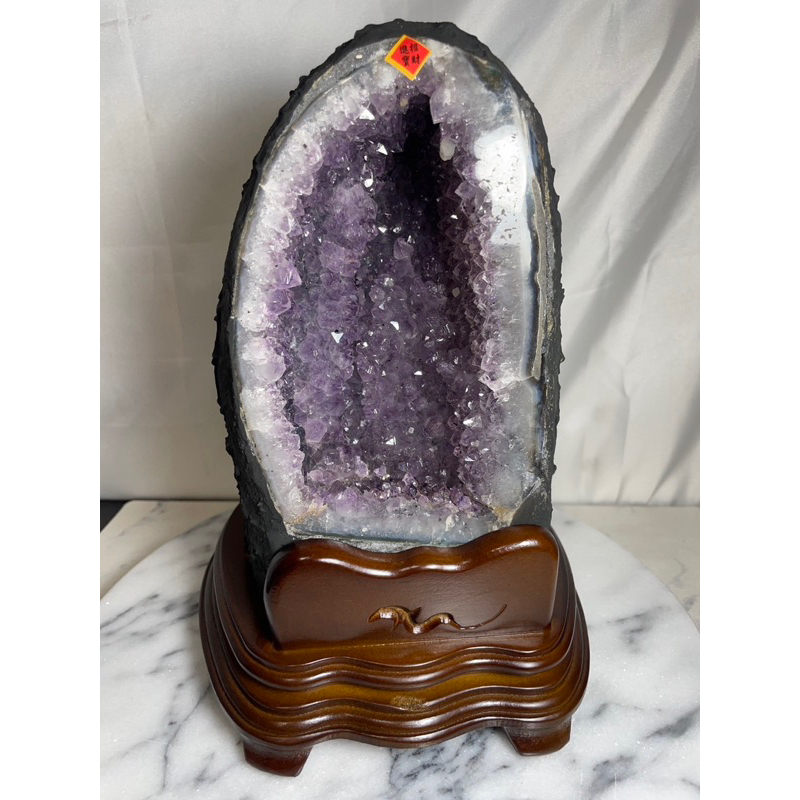 烏拉圭桌上型紫晶洞/小立洞 爆彩虹🌈 帶黑錳礦 方解石共生 ⚠️木座小傷/淨重5.1公斤