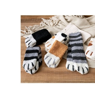 【安娜の✂】【現貨】毛毛絨珊瑚絨襪子 女中筒襪秋冬季貓爪可愛加厚保暖睡覺地板 睡眠襪