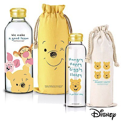迪士尼 Disney 微笑 小熊維尼 耐熱 玻璃瓶 附束口袋