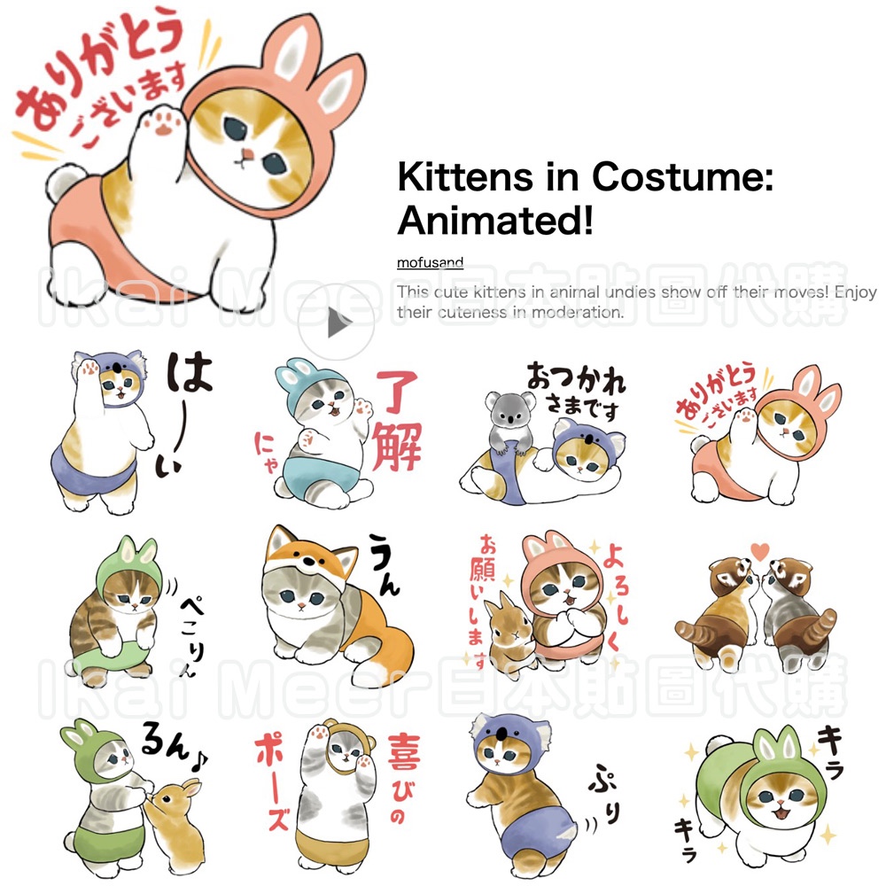 LINE日本貼圖代購人氣插畫貓咪 貓福珊迪mofusand 可愛百變動物服 動態貼圖24張《IkaiMeer貼圖》