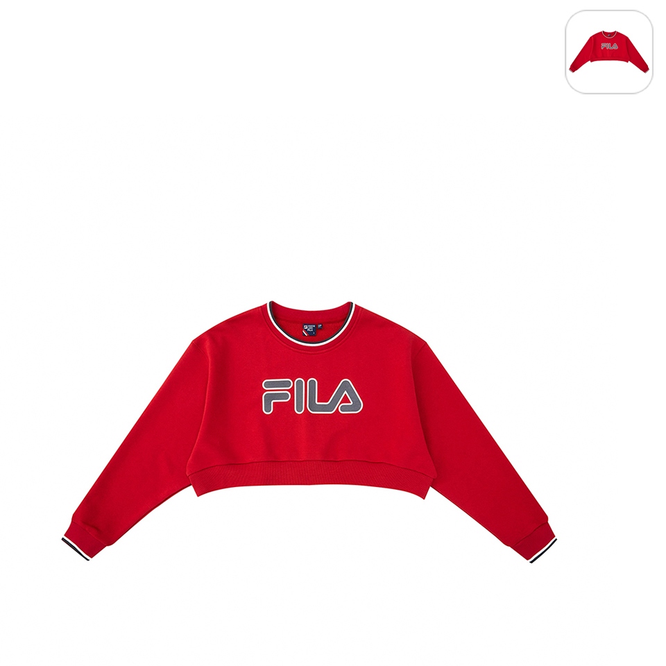 【FILA】女性 長袖 運動短版上衣 圓領T恤-紅色 5TEX-1850-RD