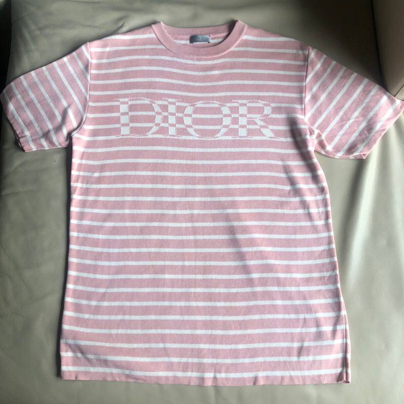 保證正品 DIOR 粉色 條紋 oversize 絲棉混合 短袖 針織衫 size XS