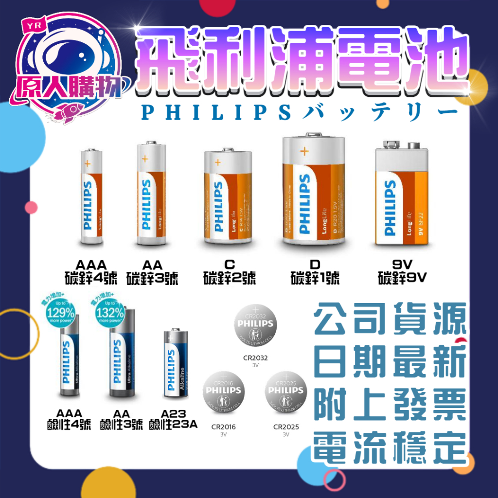 【原人購物】飛利浦 碳鋅電池 鹼性電池 鈕扣電池 1號 2號 3號 4號 9V CR2032 CR2025 2016電池